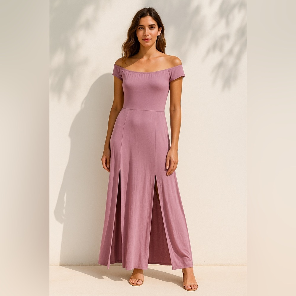 NWT Hot Kiss Mauve Off-Shoulder Cap Sleeve Maxi Double Slit Dress Size Small